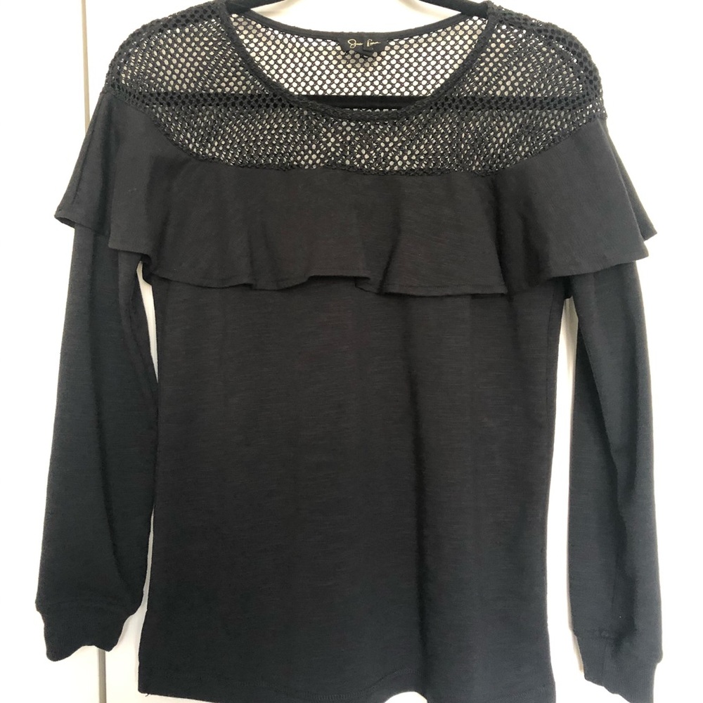 Jessica Simpson Black Long Sleeve Tenley Ruffled and Mesh Top - Size Small